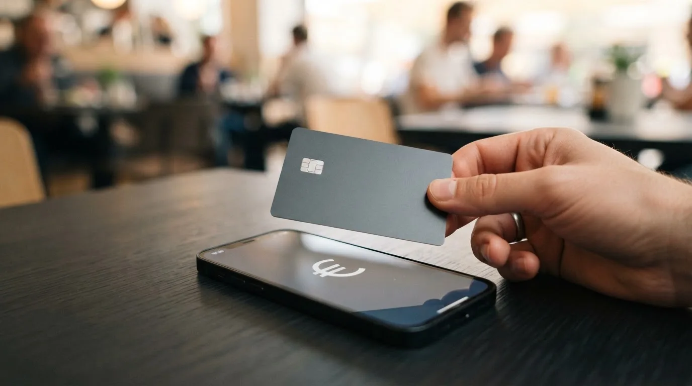 Een hand houdt een betaalpas boven een smartphone voor een contactloze betaling aan een tafel.
