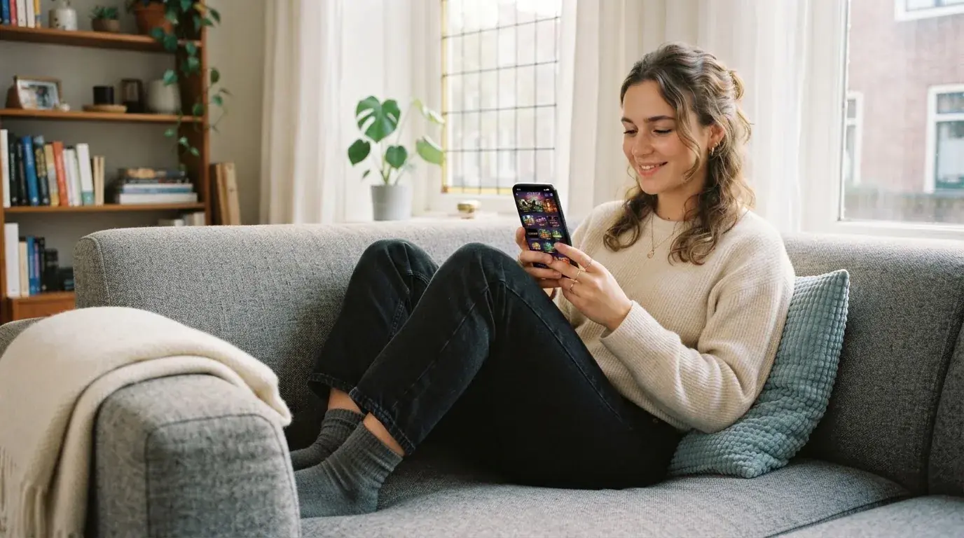 Iemand zit ontspannen op de bank met een smartphone in de hand en een kussen naast zich.
