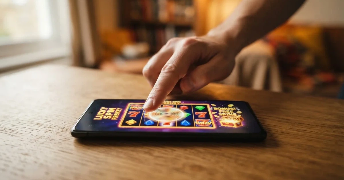 Close-up van een vinger die over het scherm van een smartphone beweegt op een houten tafel.