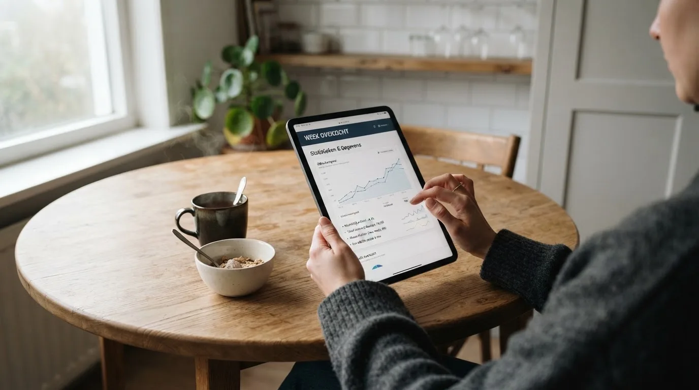 Iemand bladert rustig door een tablet aan de keukentafel in de ochtend.